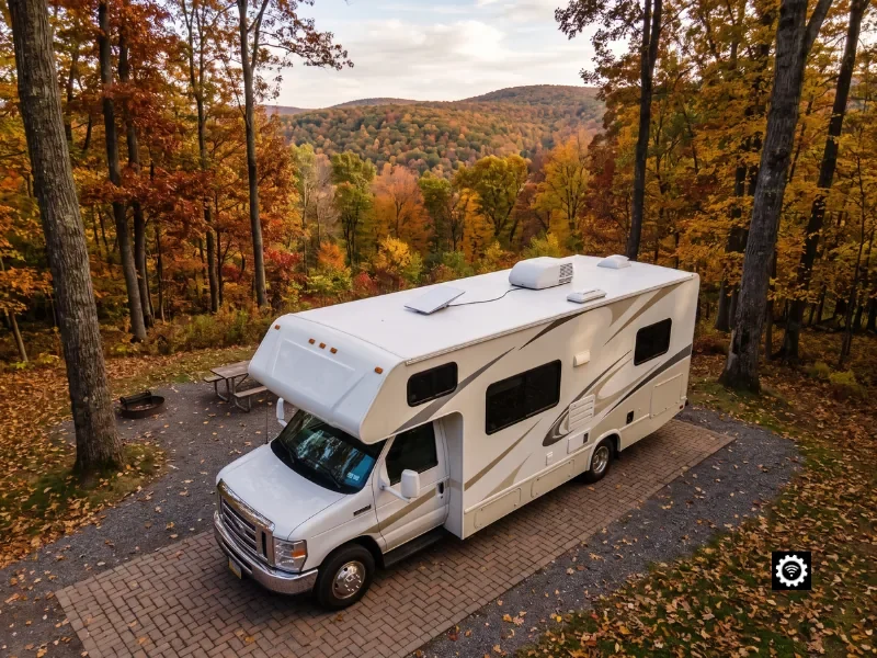 Flush-mounted RV Starlink installation among the Pocono Mountains at Ricketts Glen State Park, Pennsylvania
