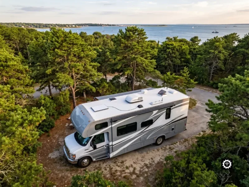 Flush-mounted RV Starlink installation at Fishermen's Memorial State Park in Narragansett, Rhode Island