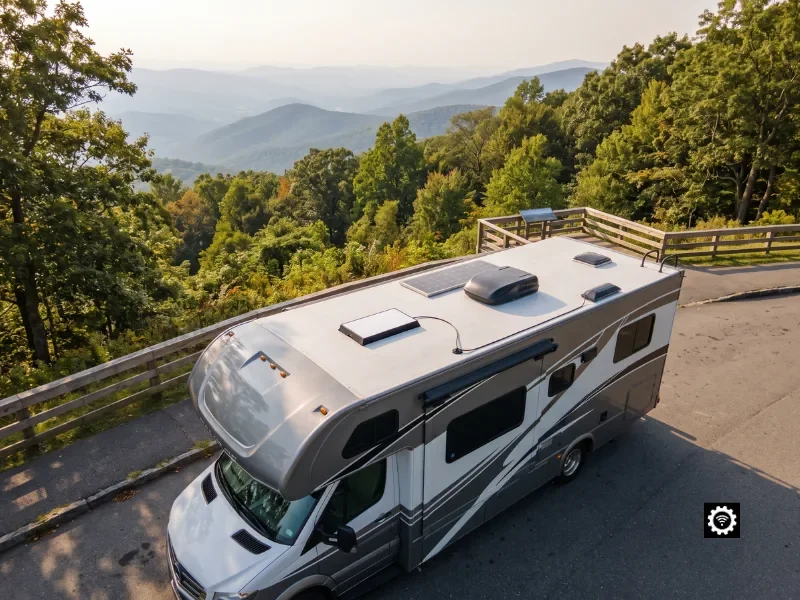 Mobile Starlink setup on an RV in Virginia, flat dish flush-mounted on the roof for reliable travel internet at Shenandoah National Park.