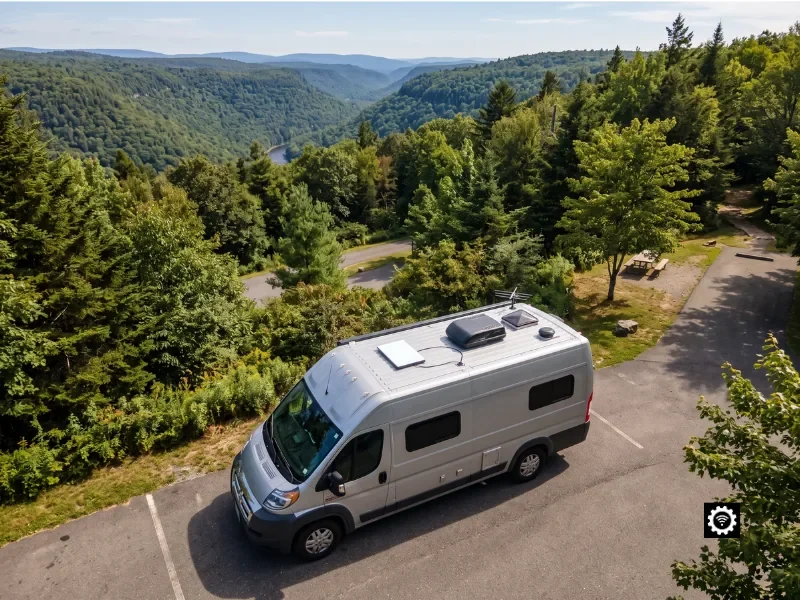 Mobile Starlink setup on an RV in West Virginia, flat dish flush-mounted on the roof for reliable travel internet at Blackwater Falls State Park.
