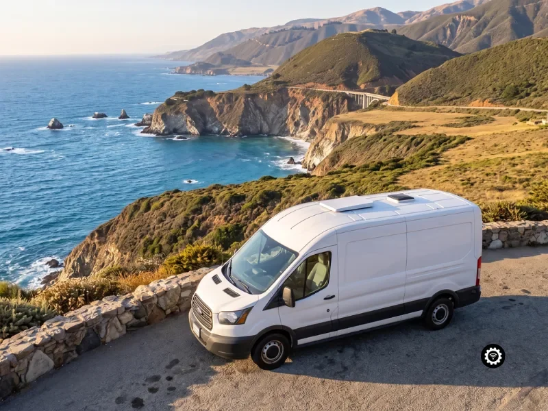Mobile Starlink installation on a camper van roof along California's Big Sur coast, flush-mounted by certified RV Starlink technicians.