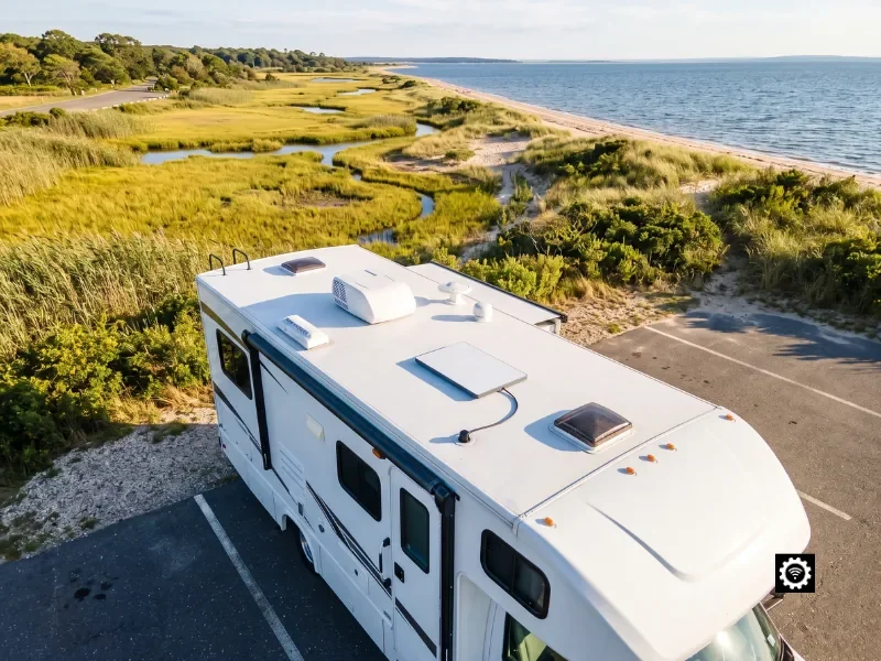 Mobile Starlink setup on an RV in Connecticut, flat dish flush-mounted on the roof for reliable travel internet at Hammonasset Beach State Park.
