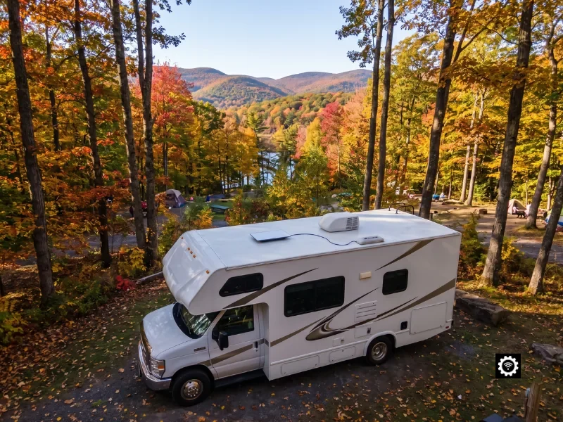 Flush-mounted RV Starlink installation among the Catskill Mountains at North-South Lake Campground, New York