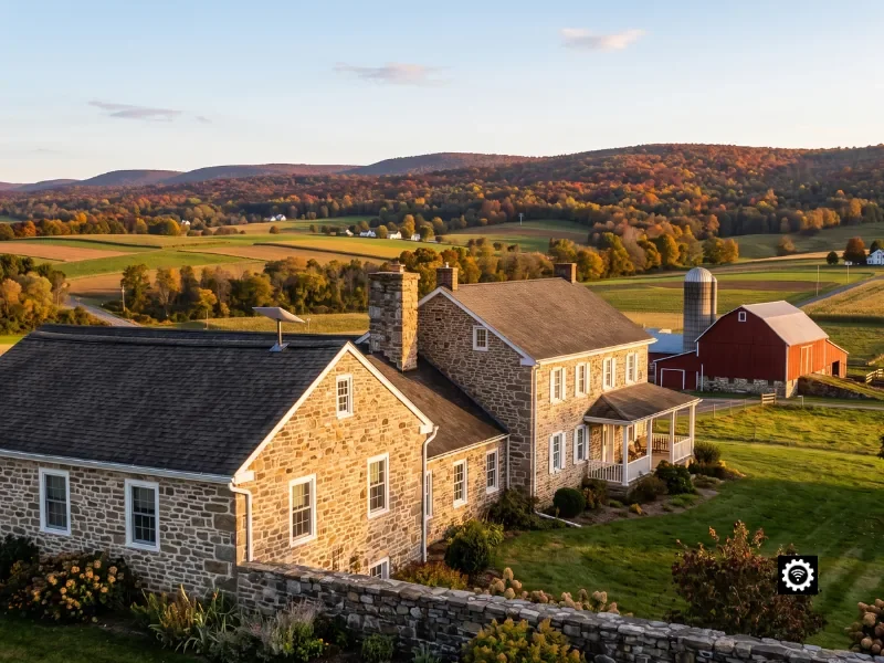Certified residential Starlink installation on a classic Pennsylvania fieldstone farmhouse with rolling farmland and autumn color