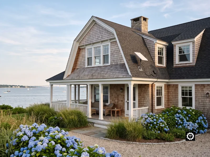 Certified residential Starlink installation on a Newport shingle-style coastal home in Rhode Island with hydrangeas and bay views
