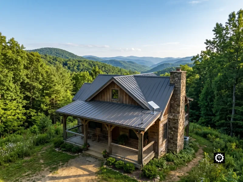 Residential Starlink installation in West Virginia, flat dish securely mounted on an Appalachian mountain home's metal roof surrounded by forested blue ridges.