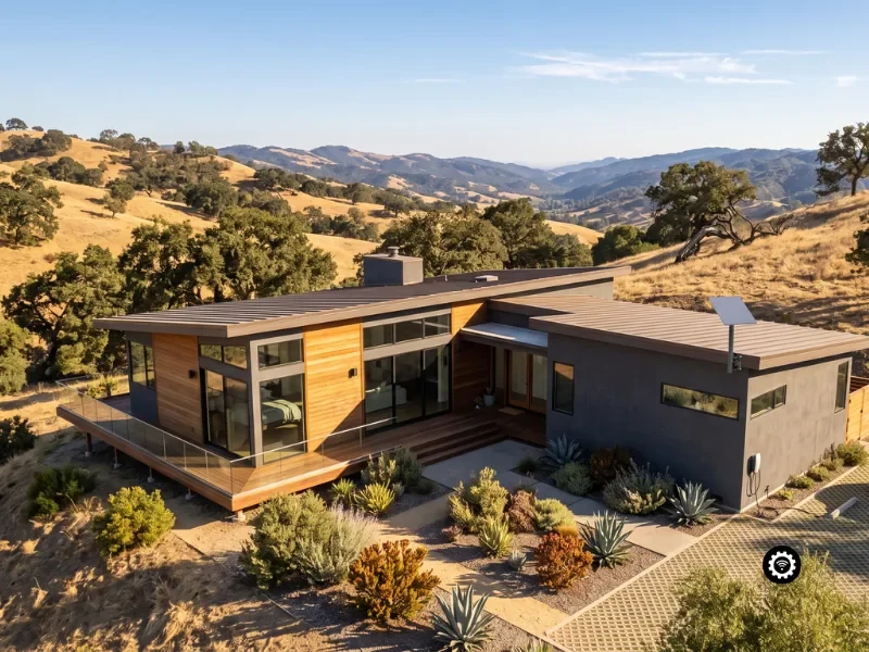 Residential Starlink installation on a modern California hillside home, dish securely roof-mounted by certified, insured local installers.