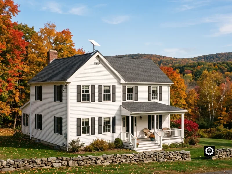Residential Starlink installation in Connecticut, flat dish securely mounted on a white-clapboard Colonial home's roof beside a fieldstone wall and autumn foliage.