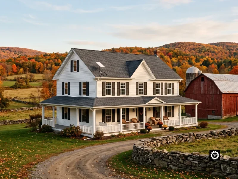 Certified residential Starlink installation on an upstate New York white-clapboard farmhouse with a red barn and autumn farmland