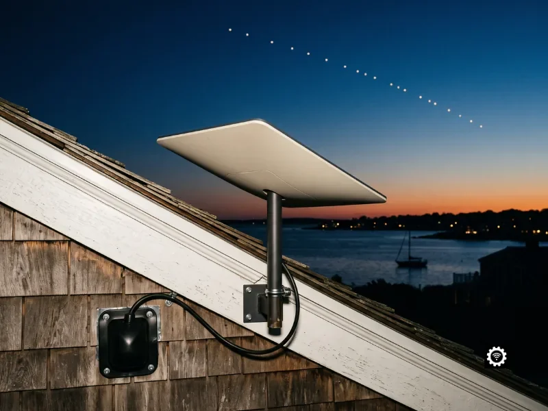 Professionally installed Starlink dish on a Rhode Island coastal colonial home at twilight with a Starlink satellite train overhead
