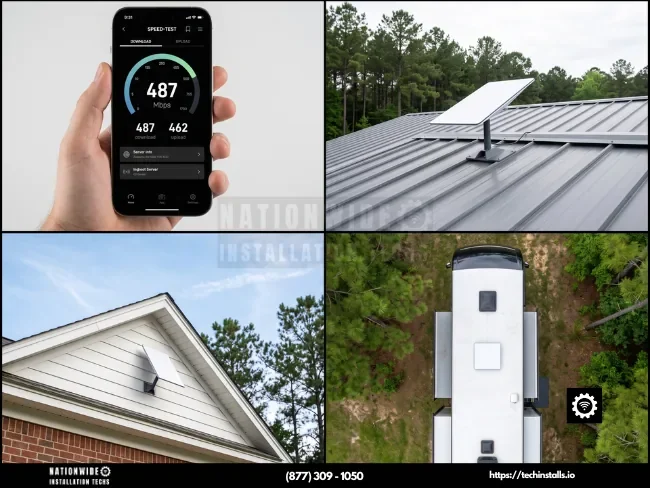 Certified Starlink installers in Alabama — verified 487 Mbps speed test with commercial metal-roof, residential gable, and RV flush-mount installations.