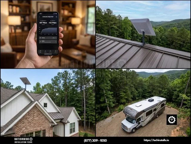 Certified Starlink installers in Arkansas — verified speed test with commercial metal-roof, residential, and RV flush-mount installations in the Ozarks.