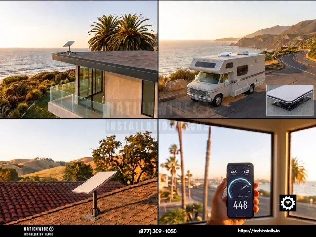 California Starlink installation gallery — certified roof mount, RV flush-mount, tile-roof install, and a 448 Mbps speed test by insured local technicians.