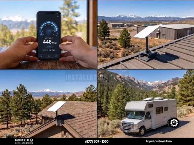 Colorado Starlink installation gallery by Nationwide Installation Techs — a 448 Mbps speed test, commercial metal-roof mount, residential roof-mounted dish, and RV install across the Rocky Mountains.
