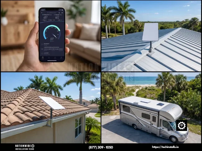 Certified Starlink installers in Florida — verified 487 Mbps speed test with residential tile-roof, commercial, and RV flush-mount installations among palms.