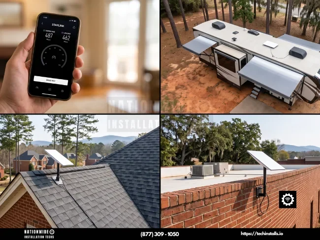 Certified Starlink installers in Georgia — verified 487 Mbps speed test with residential shingle-roof, Savannah commercial parapet, and RV flush-mount installations.