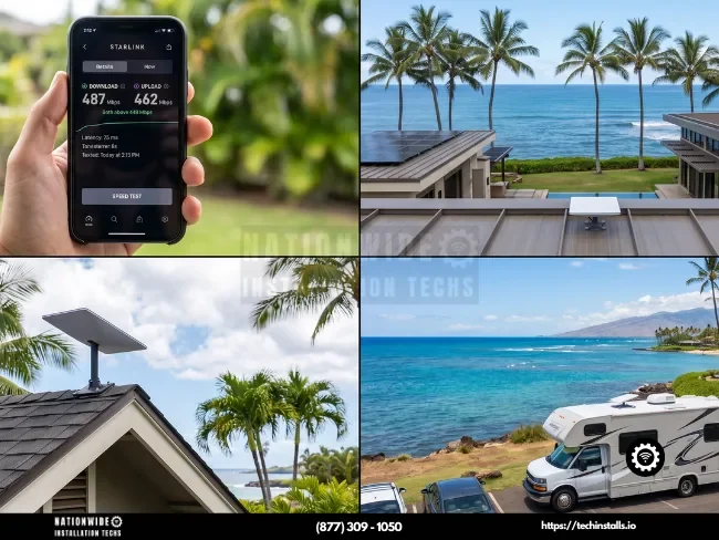 Professional Starlink installers in Hawaii showing residential, commercial, and RV dish mounts plus a 487 Mbps speed test