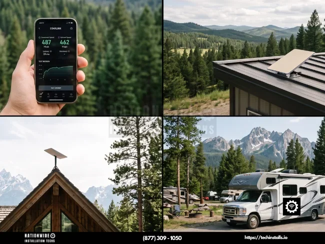 Professional Starlink installers in Idaho showing residential, commercial, and RV dish mounts plus a 487 Mbps speed test