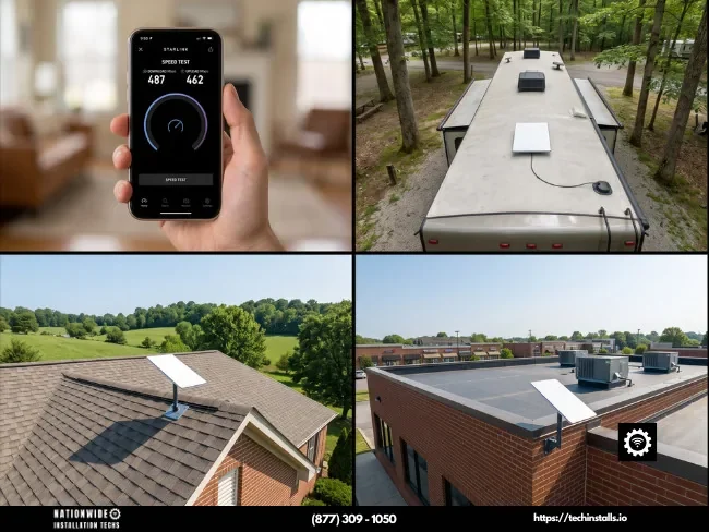 Professional Starlink installers in Kentucky — verified 487 Mbps speed test with residential shingle-roof, Louisville commercial, and RV flush-mount installations across the Bluegrass.