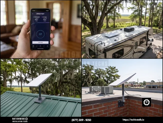 Professional Starlink installers in Louisiana — verified 487 Mbps speed test with residential, New Orleans commercial, and RV flush-mount installs among live oaks and cypress.