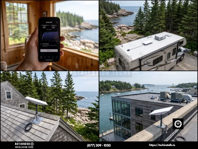 Professional Starlink installers in Maine — verified 487 Mbps speed test with residential, Portland waterfront commercial, and RV flush-mount installs on the rocky coast.