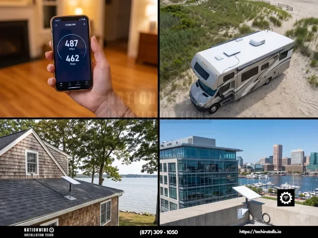 Maryland Starlink installers: speed test, RV install on the Eastern Shore, Chesapeake home and Baltimore commercial dish mounts