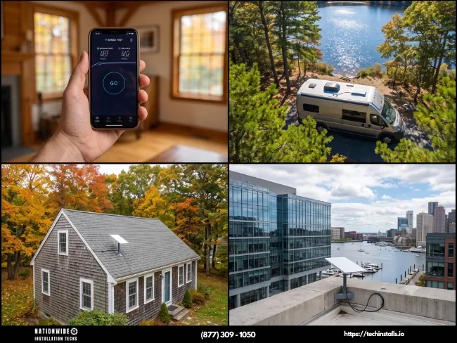 Massachusetts Starlink installers: speed test, RV install at Nickerson State Park on Cape Cod, cedar-shingle home and Boston Seaport commercial dish mounts