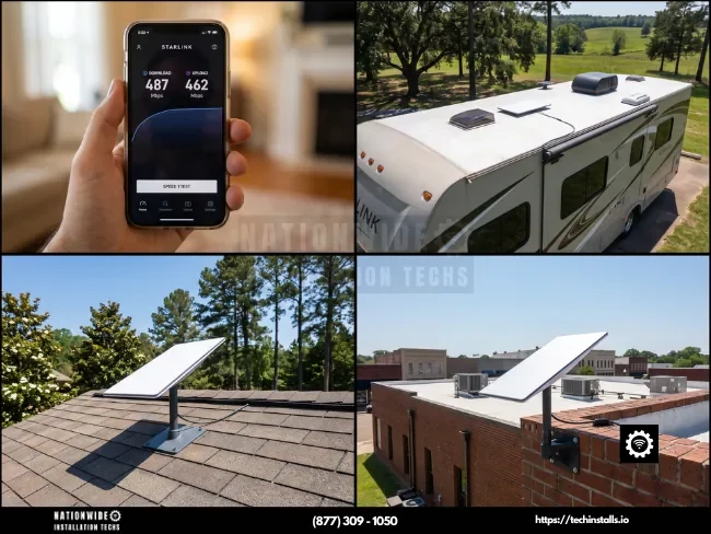Insured Starlink installers in Mississippi — verified 487 Mbps speed test with residential, Jackson commercial, and RV flush-mount installations among magnolias and pines.