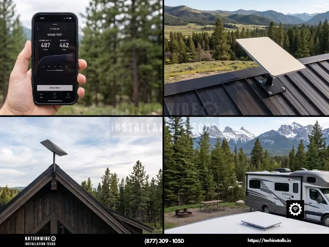Professional Starlink installers in Montana showing residential, commercial, and RV dish mounts plus a 487 Mbps speed test