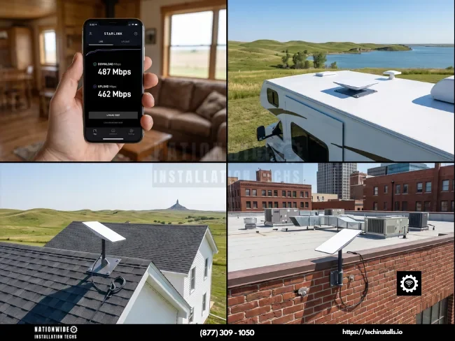 Professional, insured Starlink installers in Nebraska — speed test, RV, Sandhills farmhouse residential, and Omaha commercial installs across the Cornhusker State.