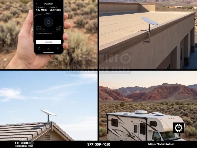 Professional Starlink installers in Nevada showing residential, commercial, and RV dish mounts plus a 487 Mbps speed test
