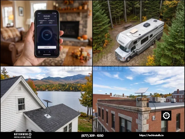 New Hampshire Starlink installers: speed test, RV install at Franconia Notch, lakeside home and commercial dish mounts