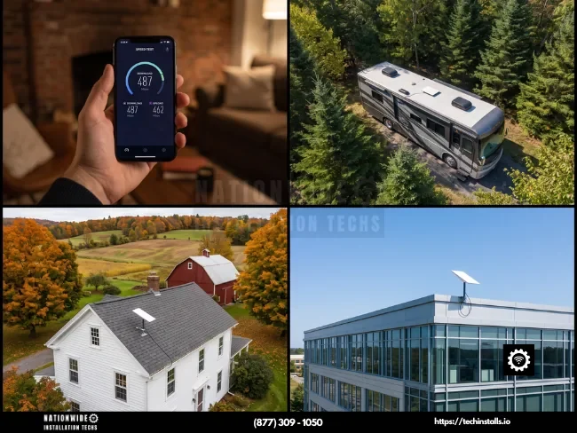 New York Starlink installers: speed test, RV install in the Catskills, upstate farmhouse and commercial dish mounts