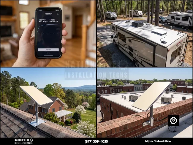 Insured Starlink installers in North Carolina — verified 487 Mbps speed test with residential, Asheville commercial, and RV flush-mount installs across the Piedmont and Blue Ridge.
