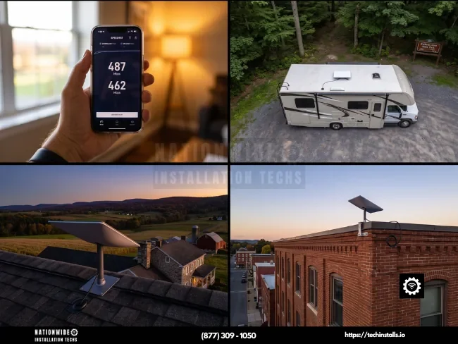 Pennsylvania Starlink installers: speed test, RV install in the Poconos, fieldstone farmhouse and commercial dish mounts