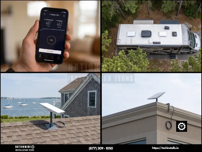 Rhode Island Starlink installers: speed test, RV install at Fishermen's Memorial State Park, Newport coastal home and commercial dish mounts