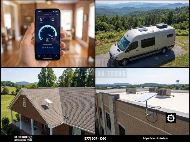 Starlink installation done right in Tennessee, dish mounted on a brick home's roof at dusk beneath a Starlink satellite train over the Smoky Mountains.