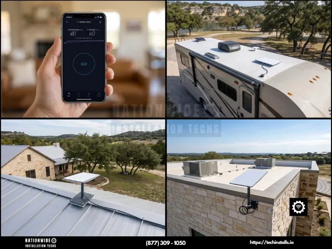 Professional Starlink installers in Texas — verified 487 Mbps speed test with residential, commercial, and RV flush-mount installs across the Hill Country.