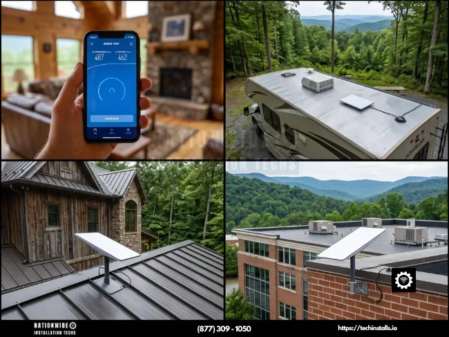 Certified Starlink installers in West Virginia — verified 487 Mbps speed test with residential, commercial, and RV flush-mount installs across the Appalachian Mountains.