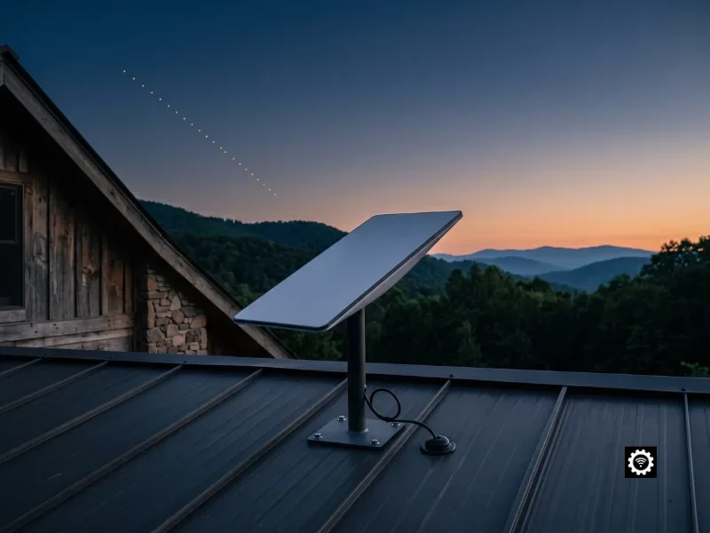 Starlink installation done right in West Virginia, dish mounted on a mountain home's metal roof at dusk beneath a Starlink satellite train over forested Appalachian ridges.
