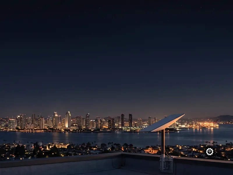 Starlink dish professionally roof-mounted above a California city skyline at night — book a certified, insured Starlink installation technician.